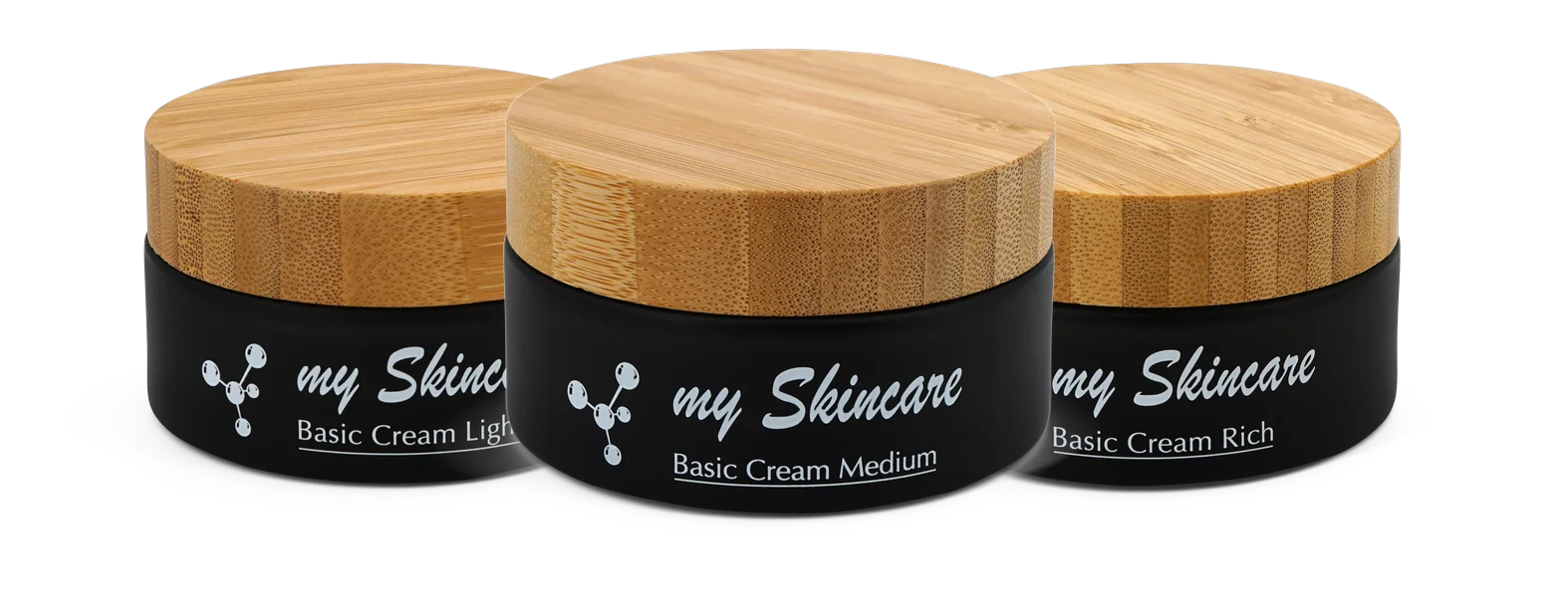 Basic Cream Light, Medium und Rich in schwarzen Tiegeln mit Holzdeckeln
