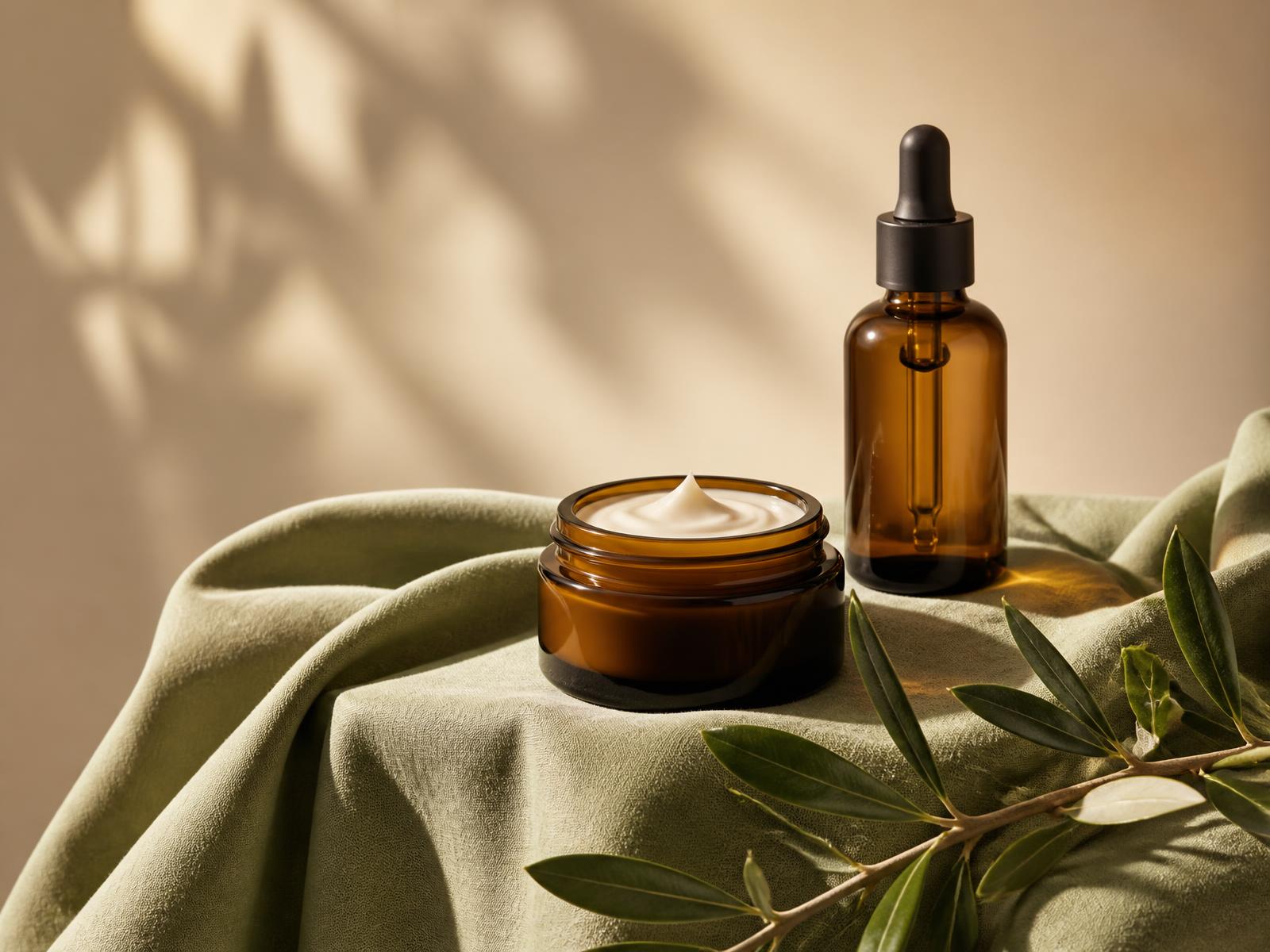 Amber-Tiegel mit Gesichtscreme und Serum auf olivfarbenem Leinen