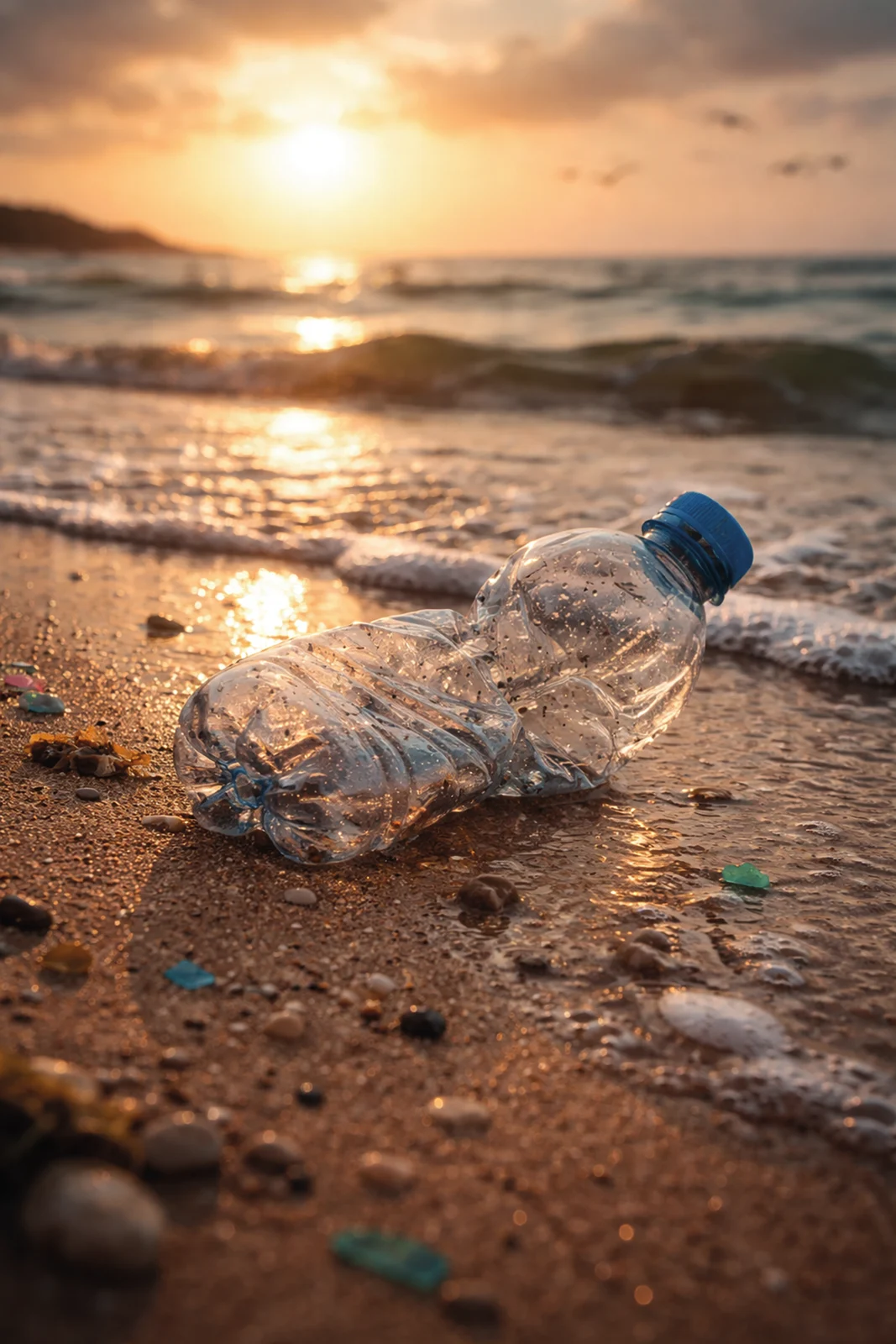 Plastikflasche am Strand im Abendlicht